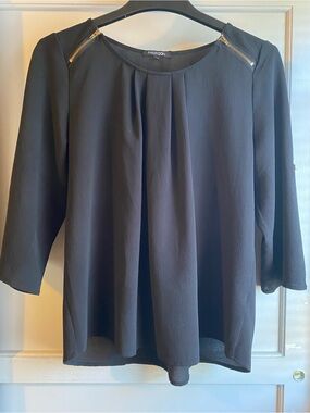 Papermoon Black Pleated Blouse with Gold Zipper Accents